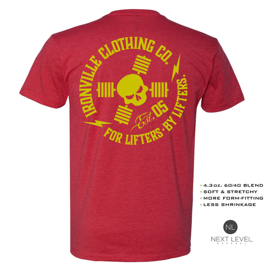 Ironville For Lifters Soft Blend Weightlifting T Shirt Red Yellow Back