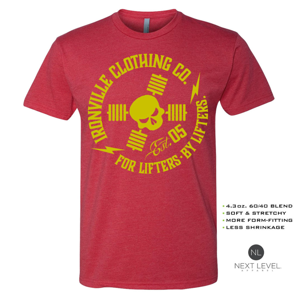 Ironville For Lifters Soft Blend Weightlifting T Shirt Red Yellow Front