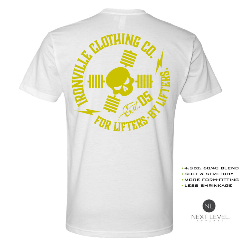Ironville For Lifters Soft Blend Weightlifting T Shirt White Yellow Back
