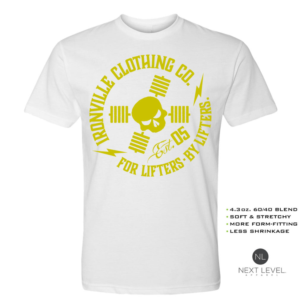 Ironville For Lifters Soft Blend Weightlifting T Shirt White Yellow Front