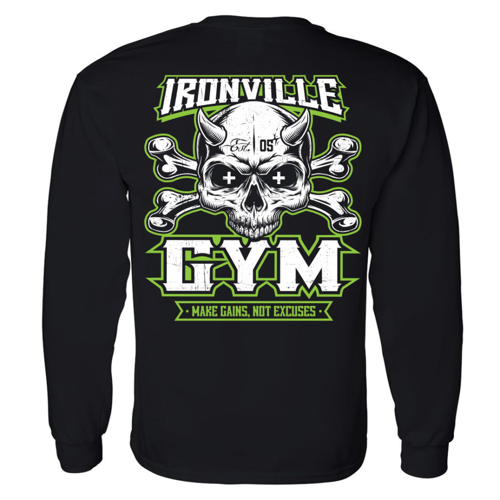 Ironville Gym Skull Crossbones Make Gains Not Excuses Bodybuilding Long Sleeve Gym T Shirt Black