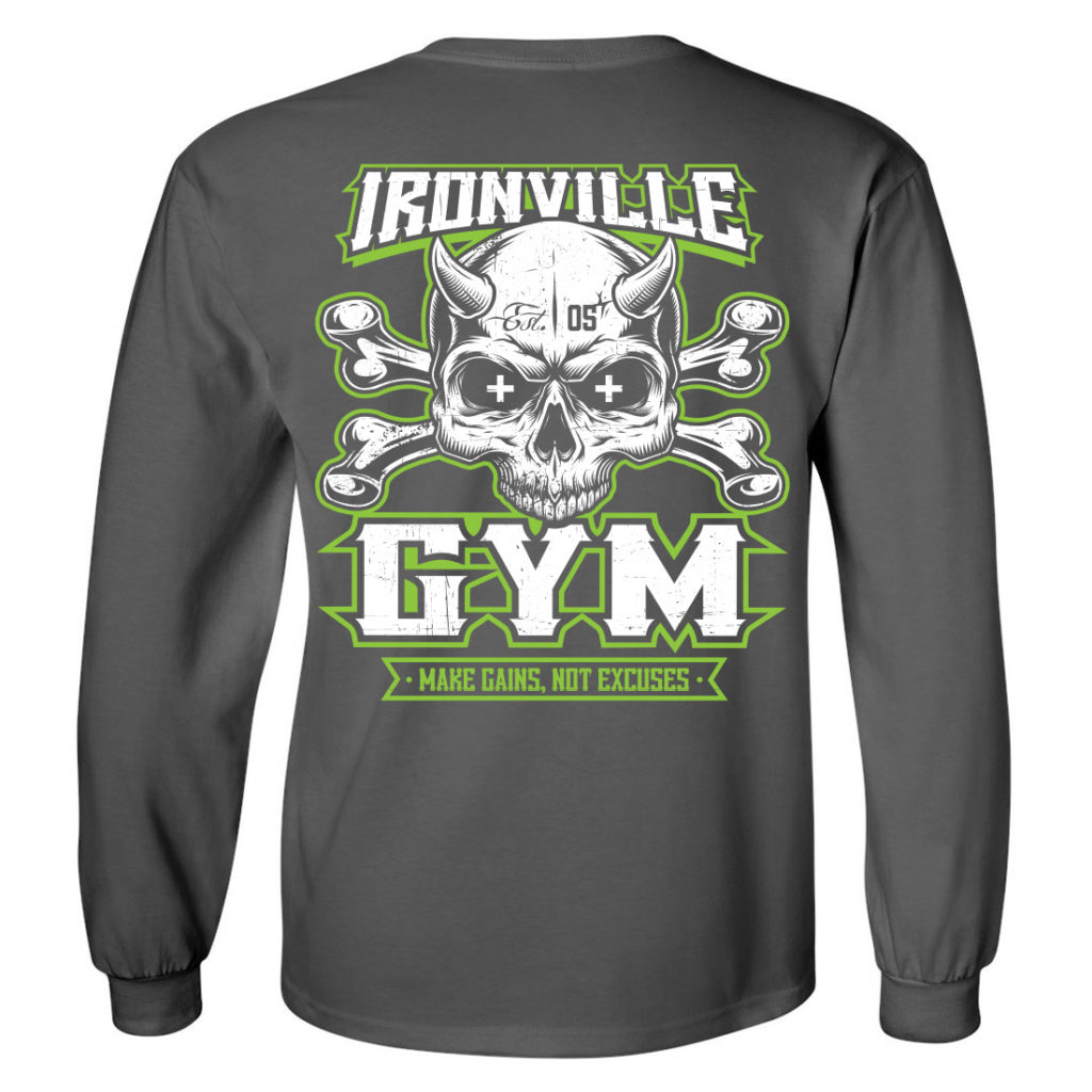Ironville Gym Skull Crossbones Make Gains Not Excuses Bodybuilding Long Sleeve Gym T Shirt Charcoal