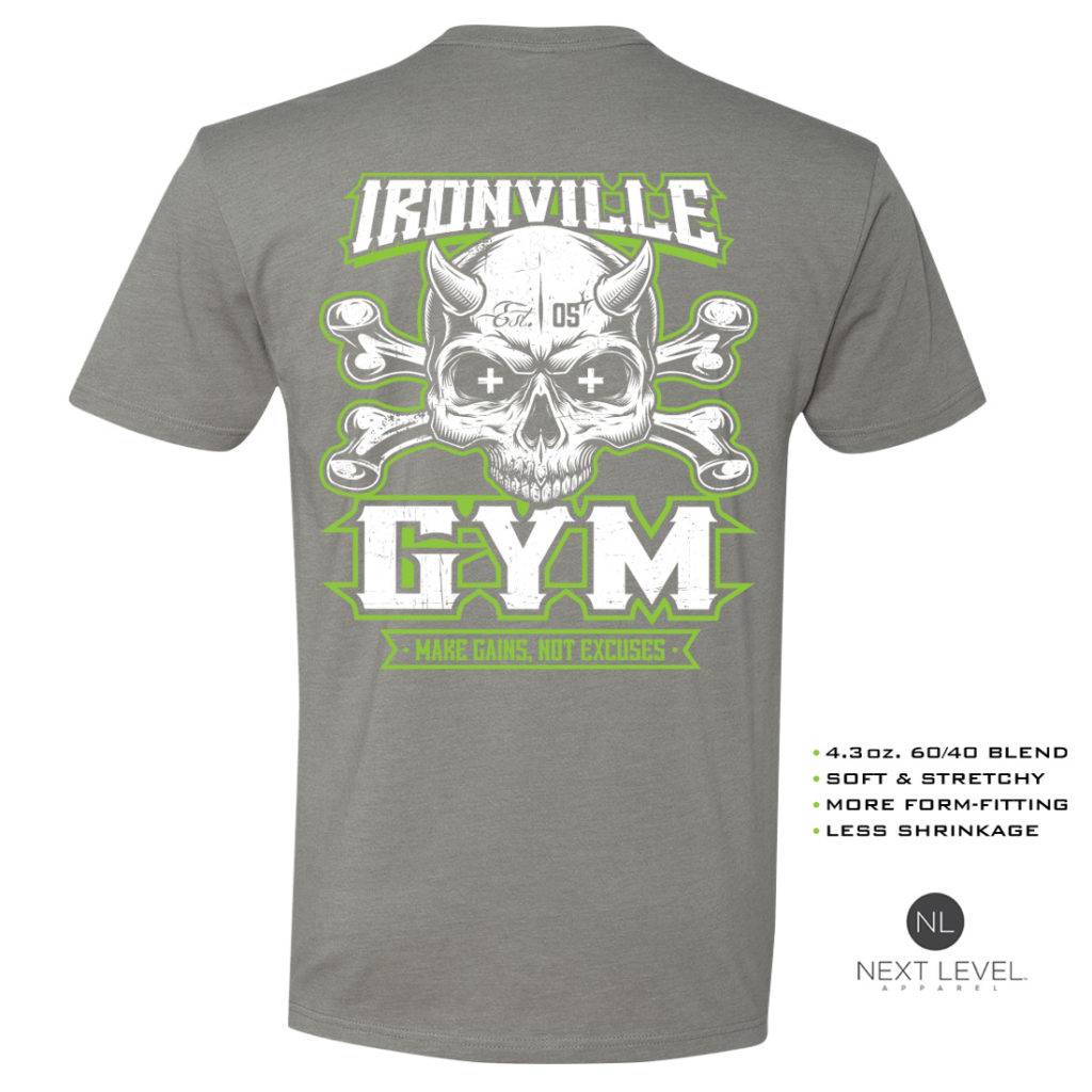 Ironville Gym Skull Crossbones Make Gains Not Excuses Soft Blend Bodybuilding T Shirt Stone Gray Back Art