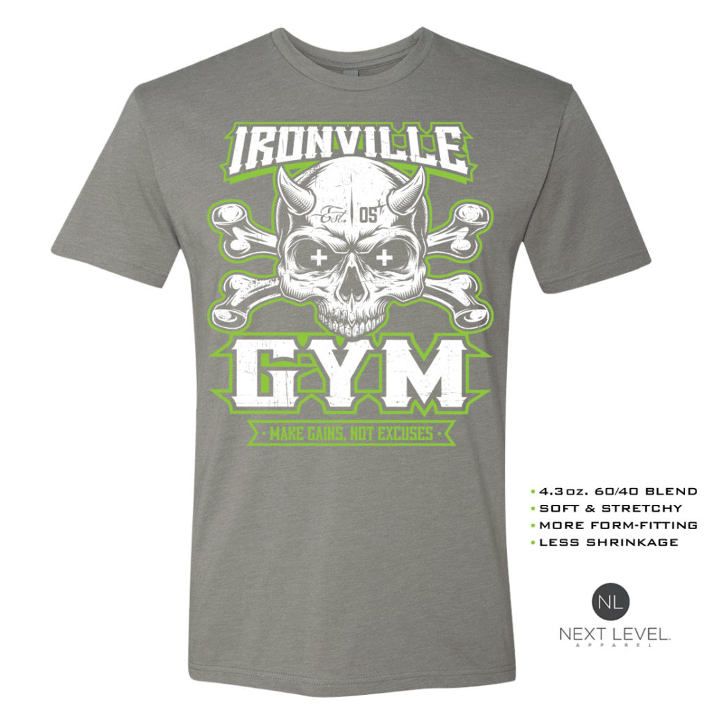 Ironville Gym Skull Crossbones Make Gains Not Excuses Soft Blend Bodybuilding T Shirt Stone Gray Front Art