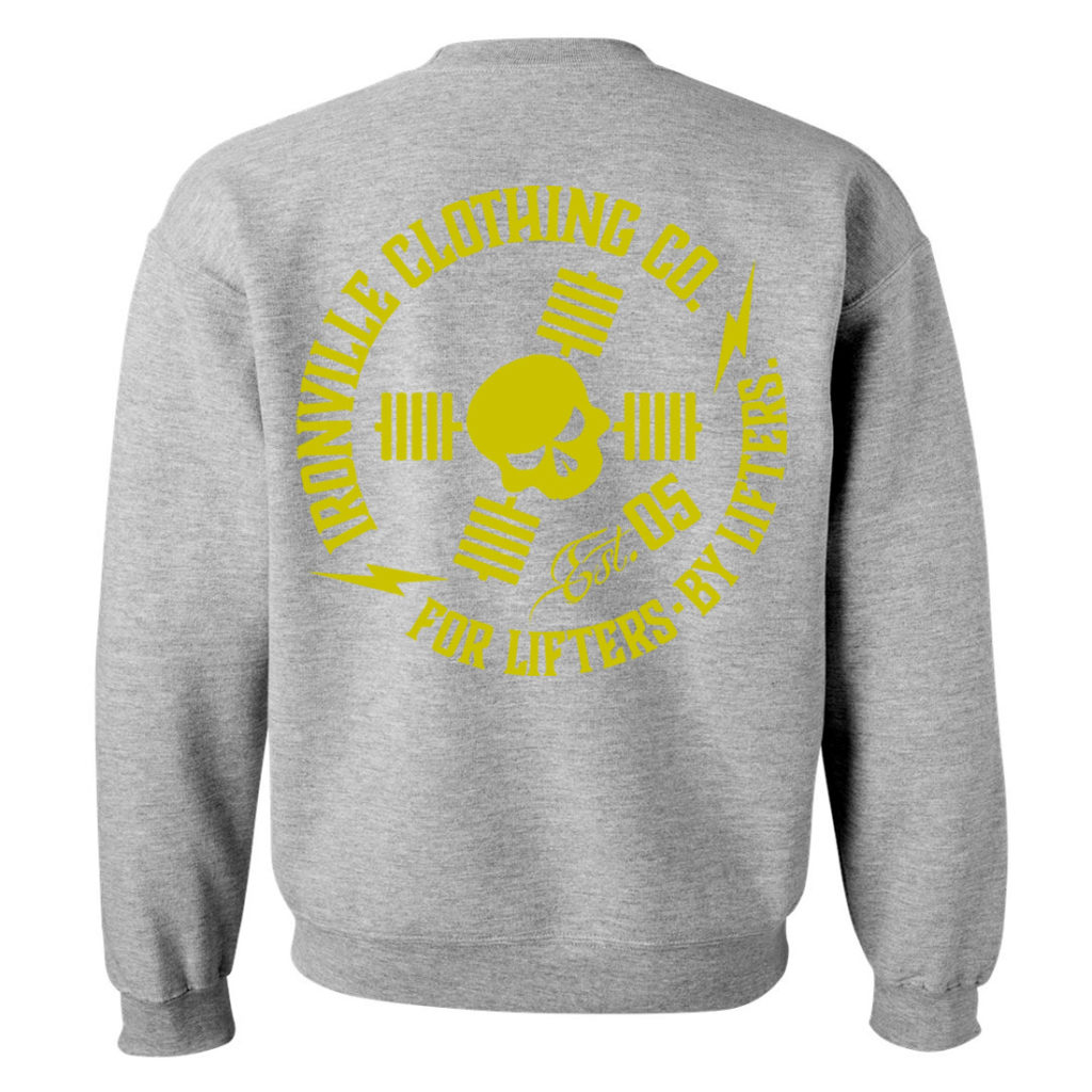 Ironville For Lifters Crewneck Weightlifting Sweatshirt Sport Gray Yellow