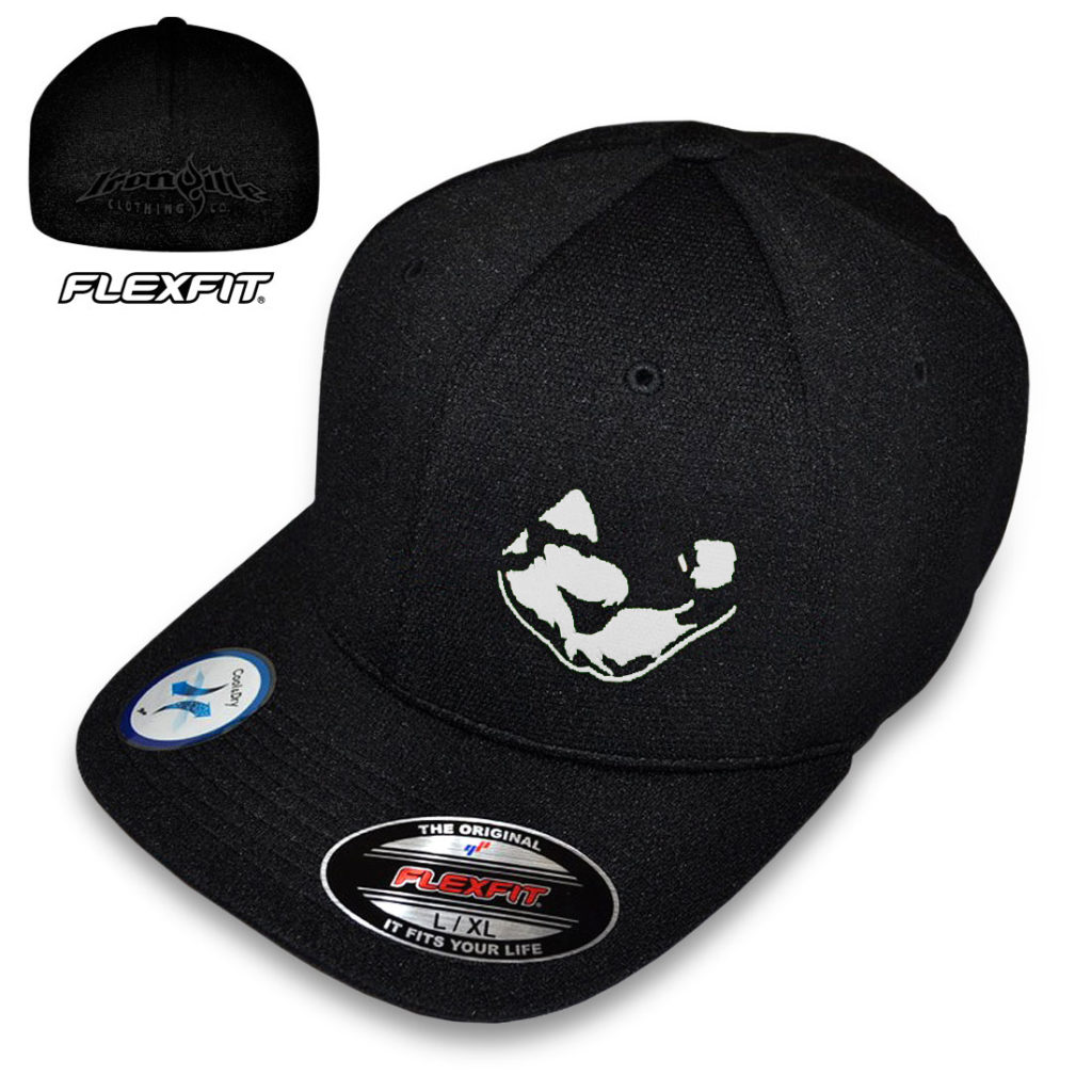Powerlifting Flexing Bicep Hat Flexfit Cool Dry Black With White