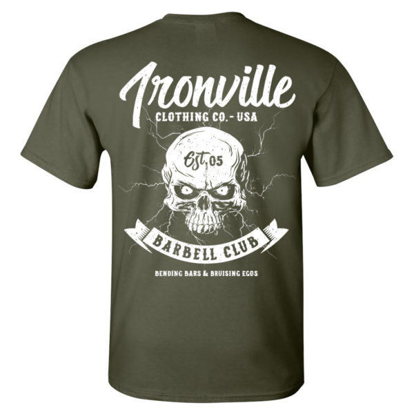 Ironville Lightning Barbell Club Bending Bars Egos Powerlifting Tshirt Military Back