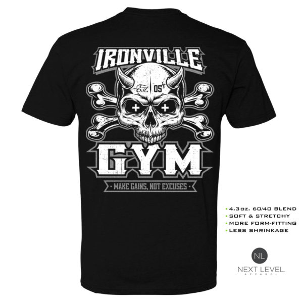 Ironville Gym Skull Crossbones Make Gains Not Excuses Soft Blend Bodybuilding T Shirt Black Back Art 2022